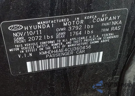 2012 Hyundai Elantra Limited (Ulsan Plant) from USA, damaged, VIN KMHDH4AE4CU360456